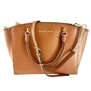 Michael Kors Ellis Large Leather Satchel Tote Brown Crossbody